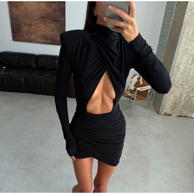 Thumbnail: Sexy Hollow-out Pleated Mini Dress Women Fashion Solid Half High Collar Long Sle