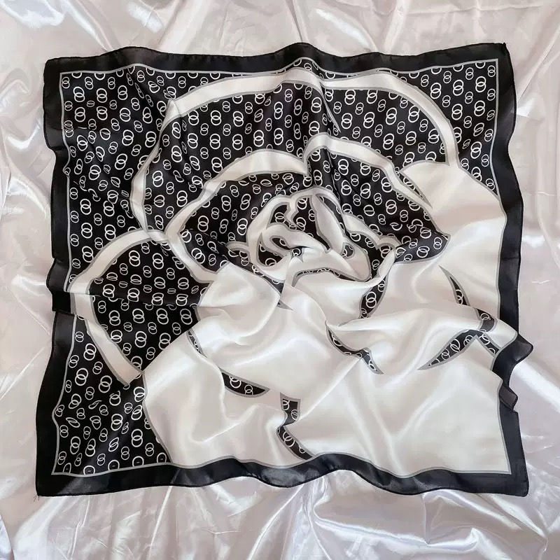 Thumbnail: Black and white silk scarf with floral pattern