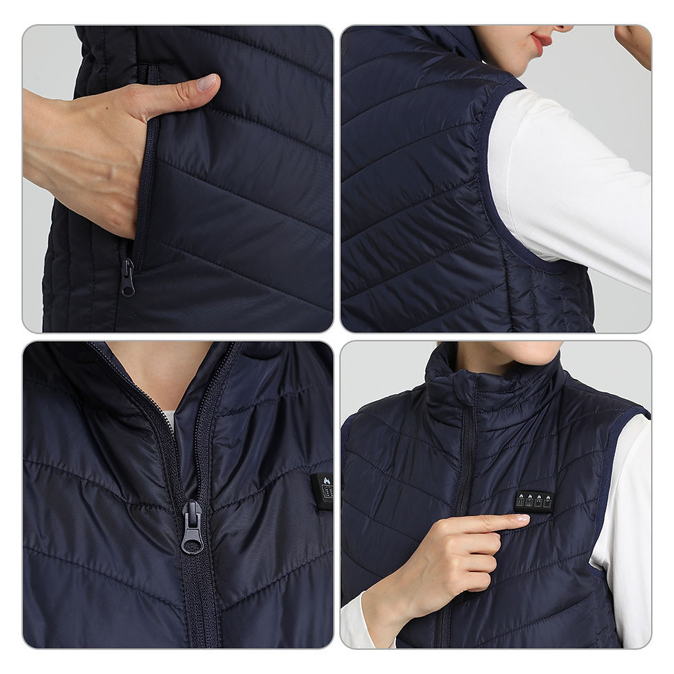 Thumbnail: Heated vest details: pocket, quilted design, zipper, and control button.