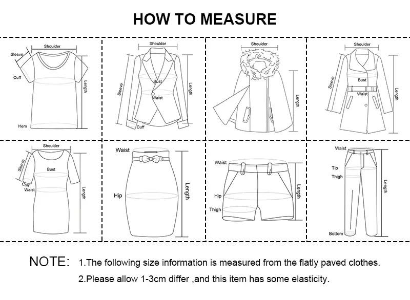 Thumbnail: HOW TO MEASURE clothing size guide, with measurement notes