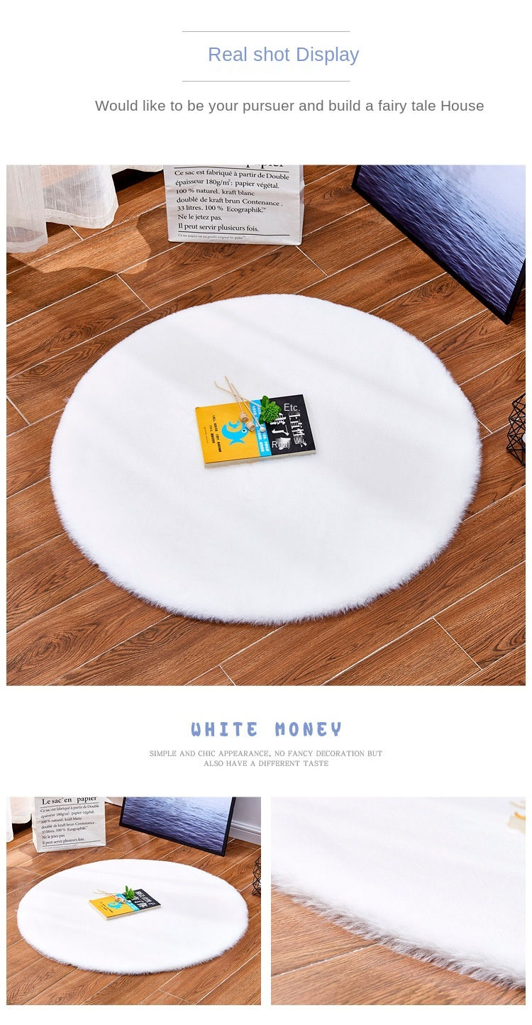 Thumbnail: White round faux fur rug on wooden floor