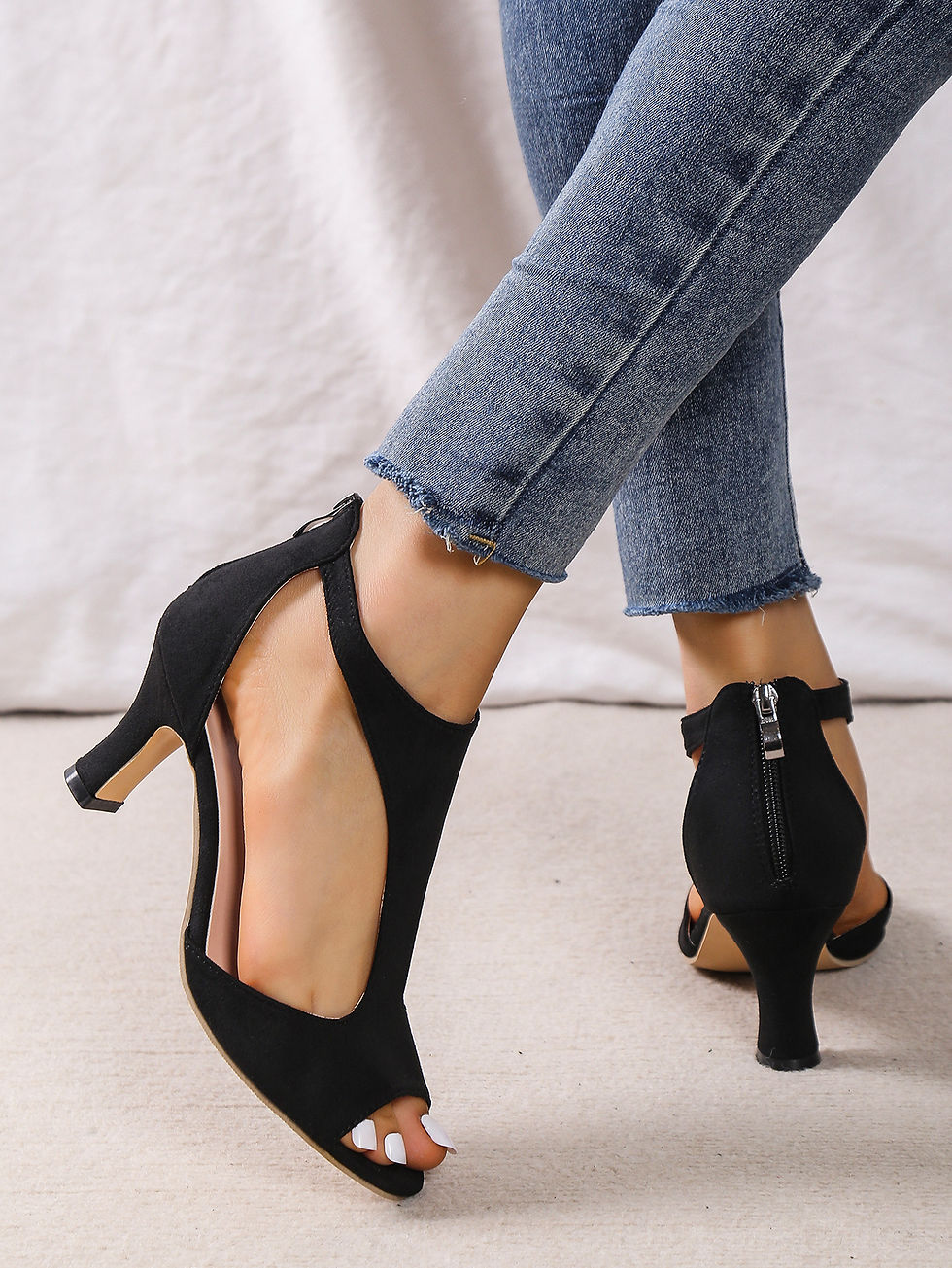 Thumbnail: Black open-toe high heels with zippered ankle strap