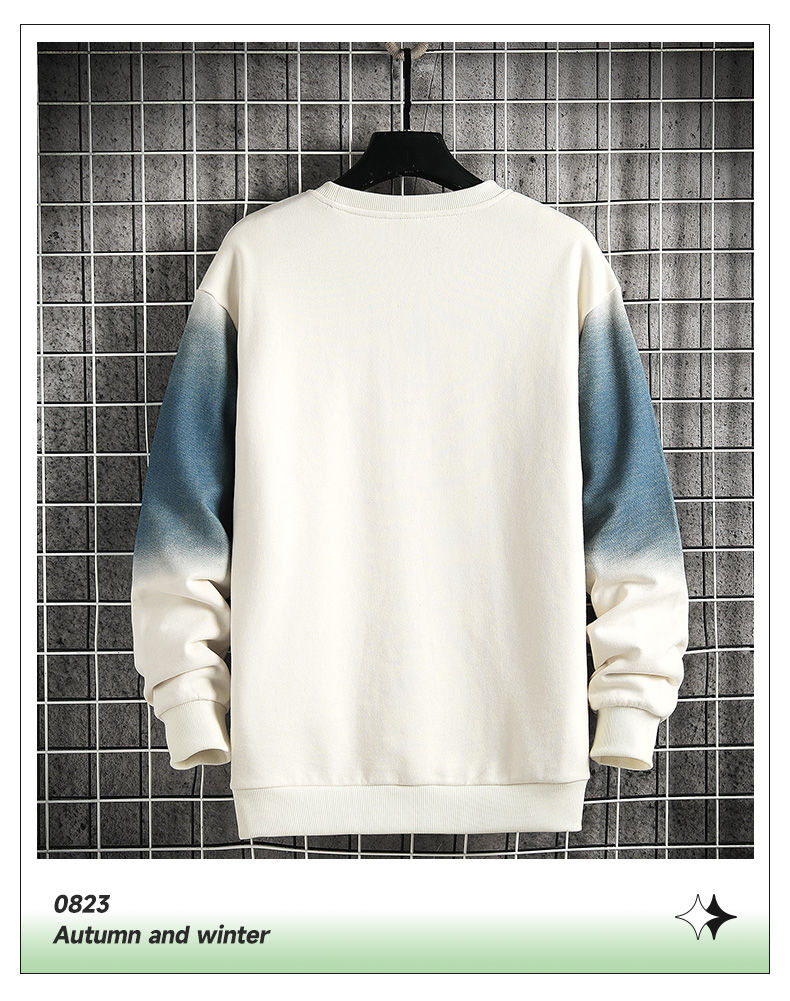 Thumbnail: Men's pullover sweatshirt, white with blue gradient sleeves, back view