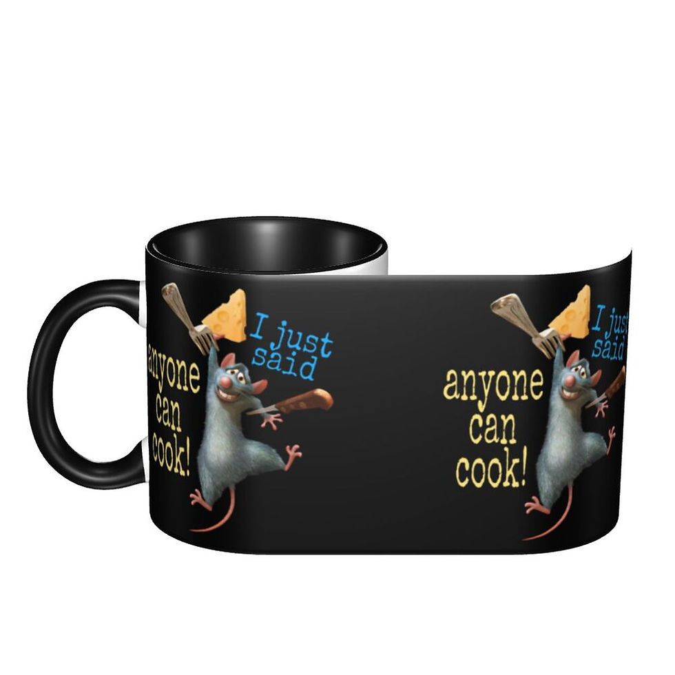 Thumbnail: Black mug with Remy the rat, cheese, spoon, and 'Anyone can cook!'