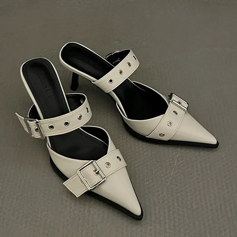Thumbnail: Punk Goth Metal Buckle Sandals Women Summer Pointed Toe High Heels Slippers Woma