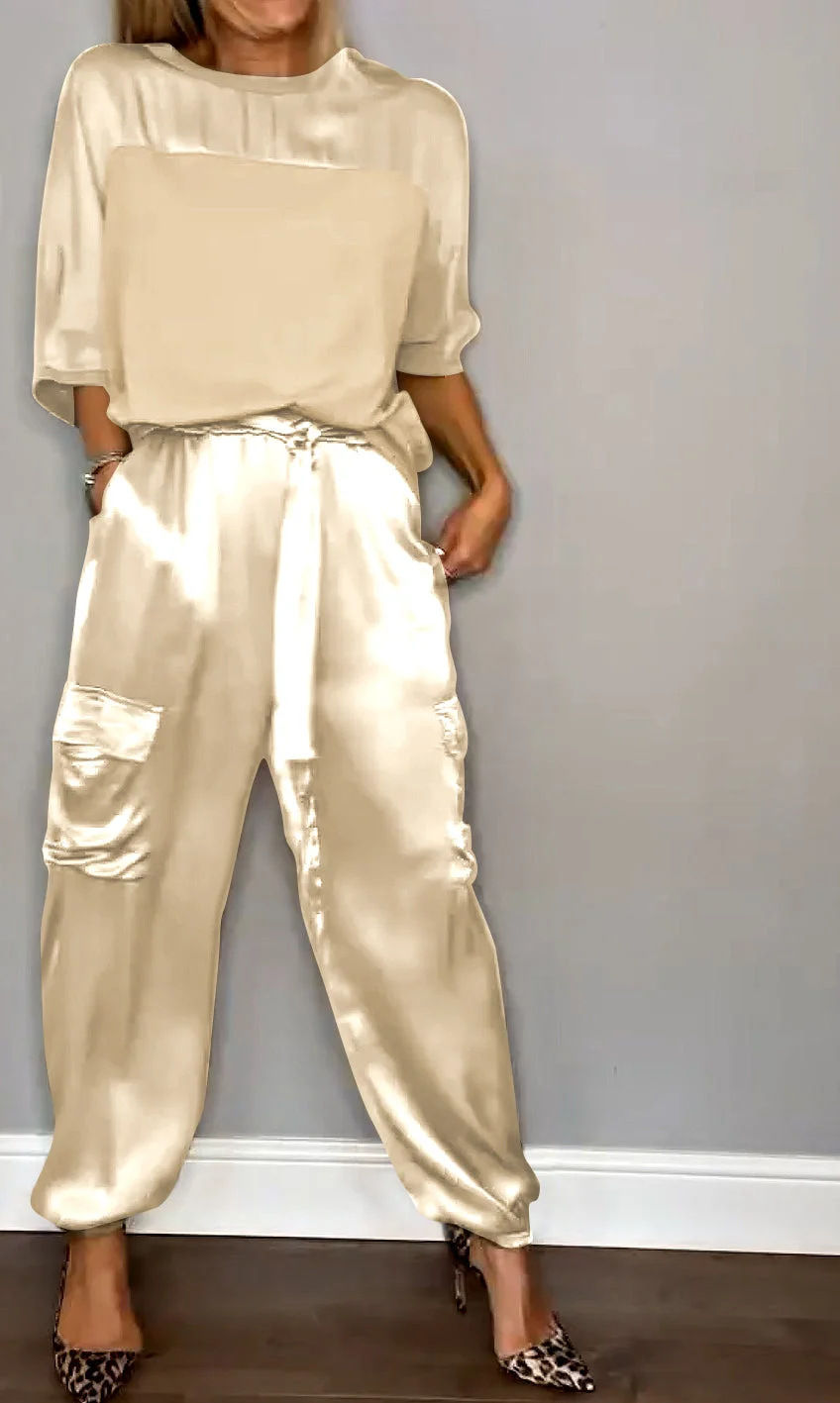 Thumbnail: Beige satin cargo pants with tie-waist