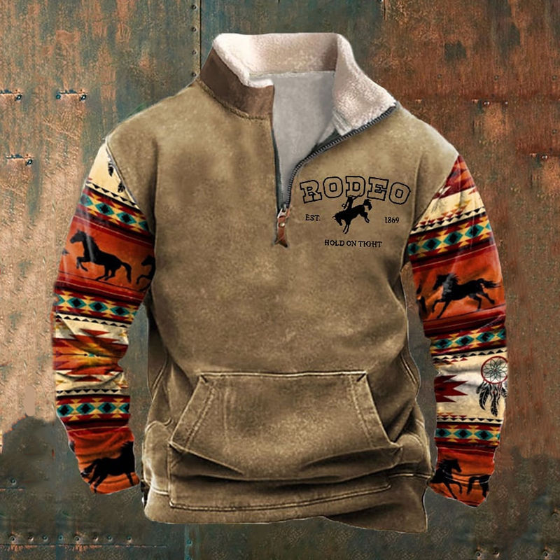 Thumbnail: Men's casual half-zip sweater, Rodeo print, patterned sleeves