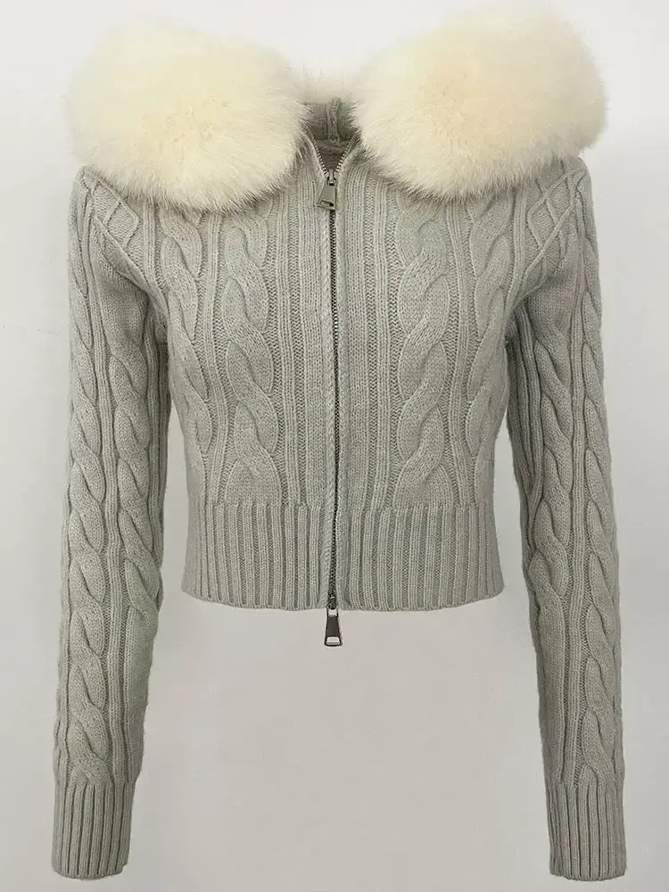 Thumbnail: Grey cable-knit jacket with white fur collar