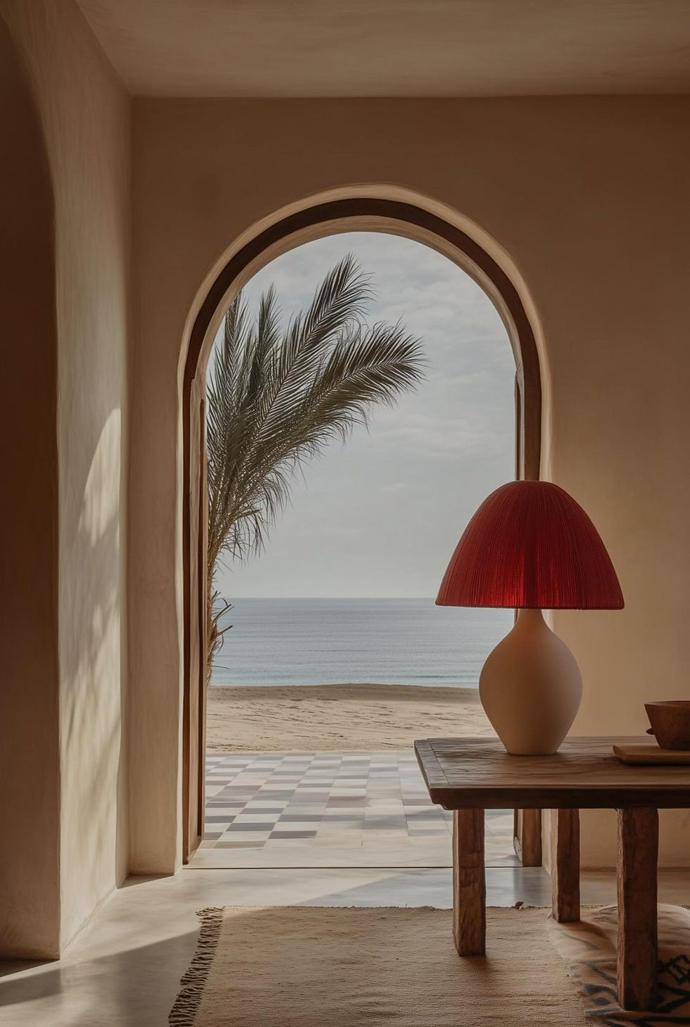 Thumbnail: Red lamp on table, ocean view through arch with palm tree.