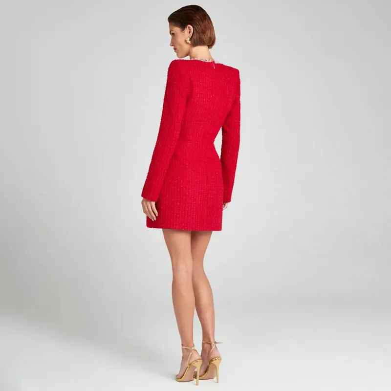 Thumbnail: Elegant Women's Mini Dress Autumn White Nail Bead Square Collar Long Sleeve Fema