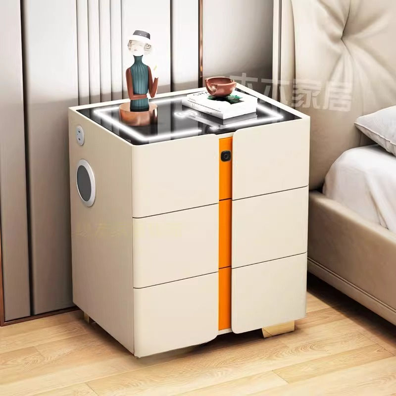 Thumbnail: Modern beige nightstand with orange trim, glowing top, and speaker