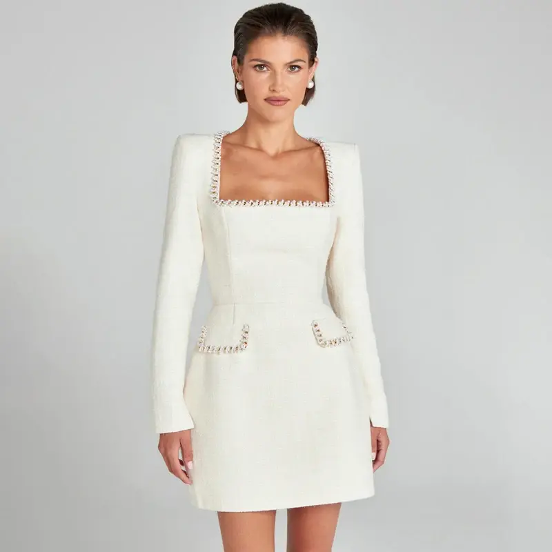 Thumbnail: Elegant Women's Mini Dress Autumn White Nail Bead Square Collar Long Sleeve Fema