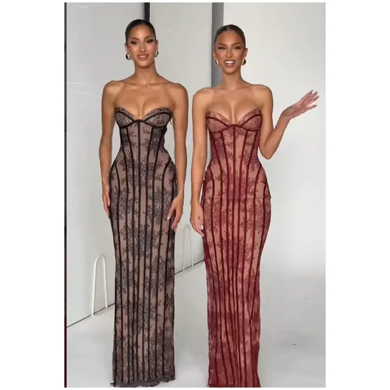 Thumbnail: Women Strapless Tulle Fishbone Dress Backless Off Shoulder Printed Patchwork Sli