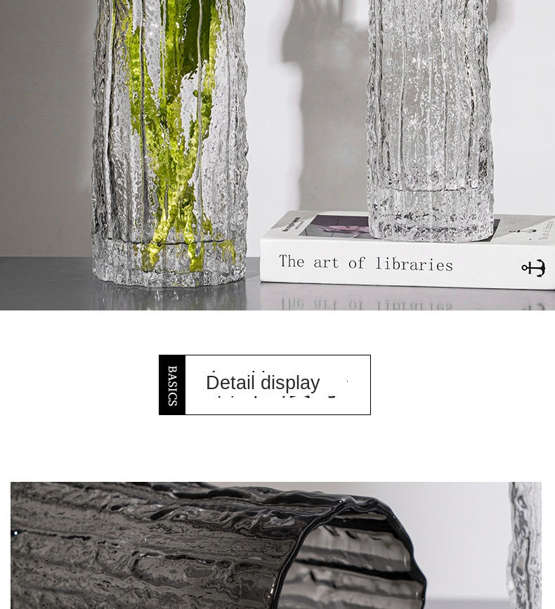 Thumbnail: Textured glass vases, 'The art of libraries' book, detail display