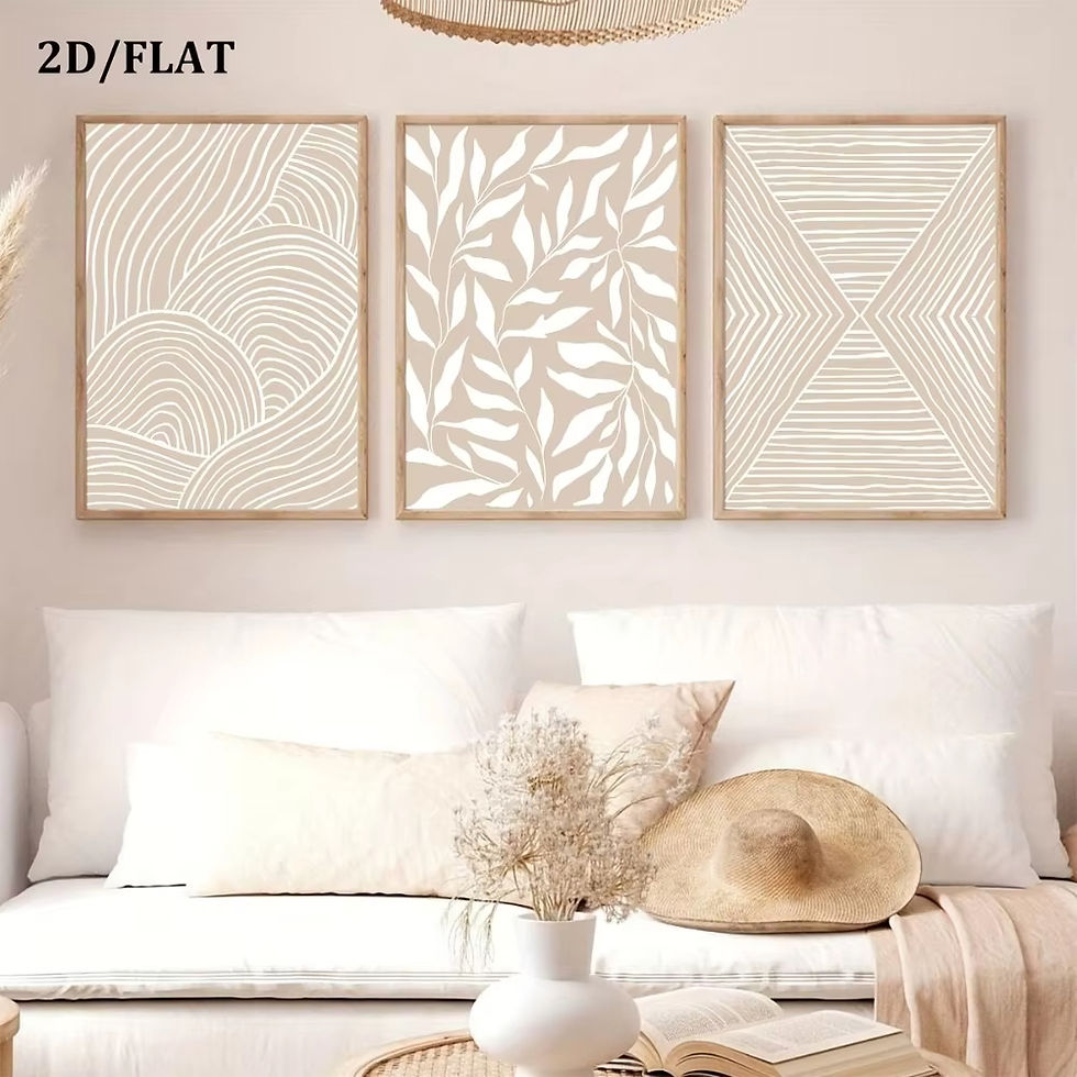 Thumbnail: Three framed abstract art prints in a neutral living room