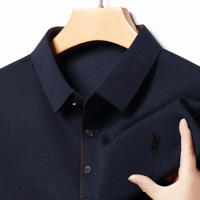 Men's dark long-sleeved polo shirt with collar