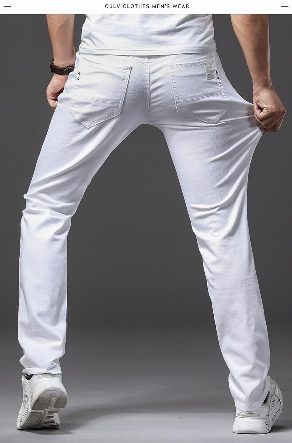 Thumbnail: Men White Jeans Elasticity Straight Slim Fit Casual Soft Business Classic Brand 