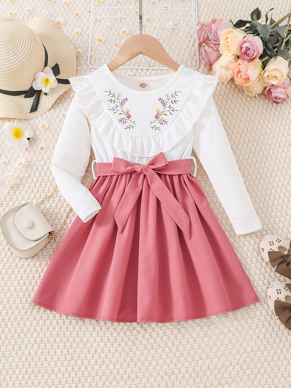 Thumbnail: Girls' Elegant Floral Print Long Sleeve Dress with Ruffled Hem & Waist Tie - Kne