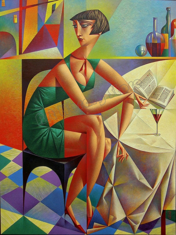 Thumbnail: Cubist woman in green dress reading a book