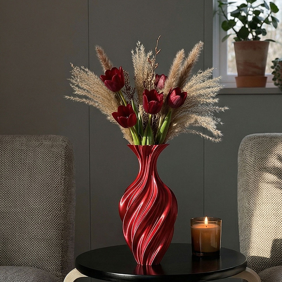 Thumbnail: Red twisted vase with dark red tulips, pampas grass, lit candle.
