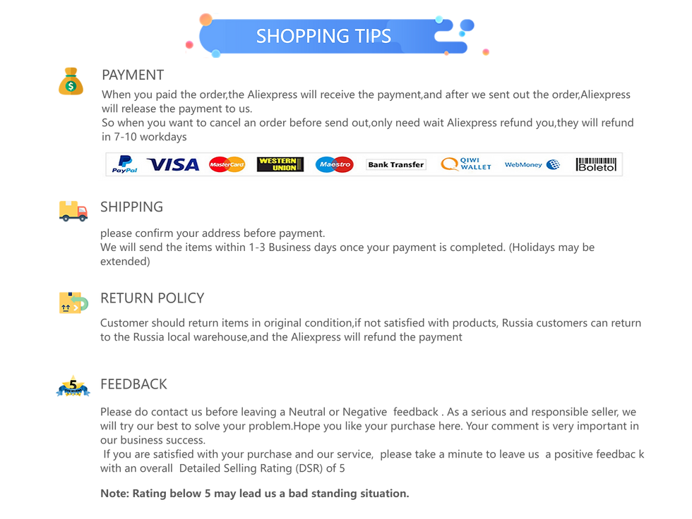 Thumbnail: Shopping tips: payment, shipping, return policy, feedback, and payment methods.