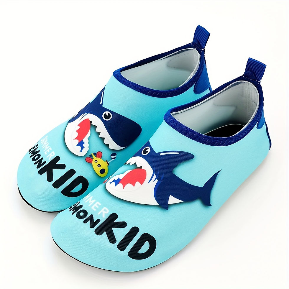Thumbnail: Light blue kids' water shoes with shark and 'KID' design