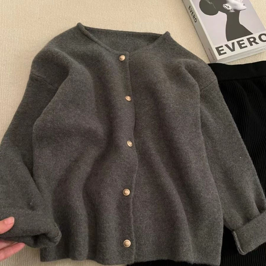 Thumbnail: Dark gray long-sleeved cardigan with gold buttons