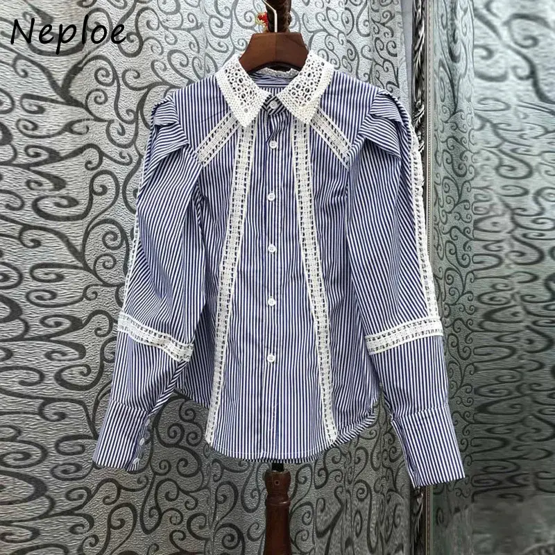 Thumbnail: Neploe Turn Down Collar Lace Hollow Out Lantern Sleeve Blouse Single-breasted De