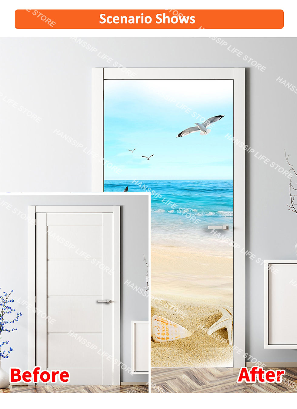 Thumbnail: Door decal with sandy beach, blue ocean, flying seagull, and seashells