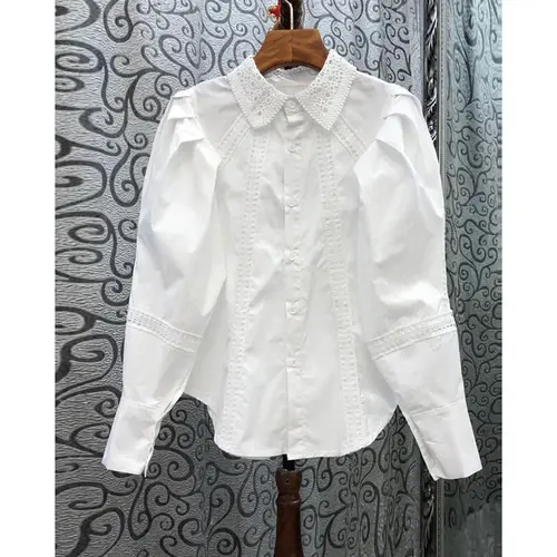 Thumbnail: Neploe Turn Down Collar Lace Hollow Out Lantern Sleeve Blouse Single-breasted De