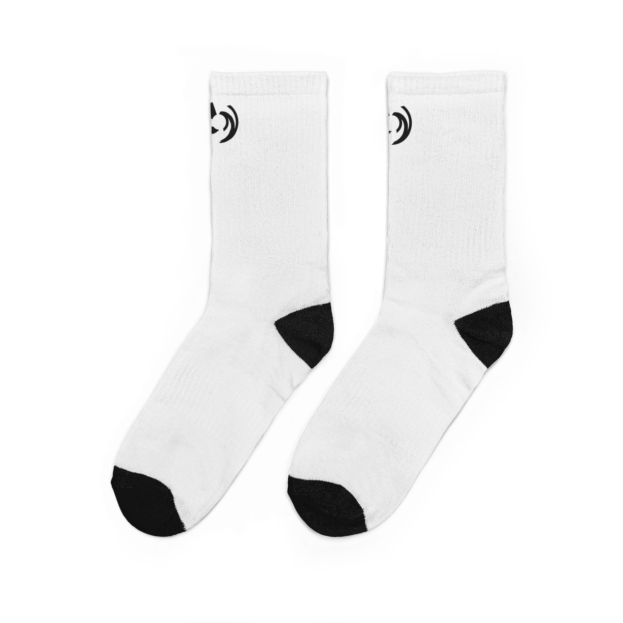 White socks with black toes and heel, small logo