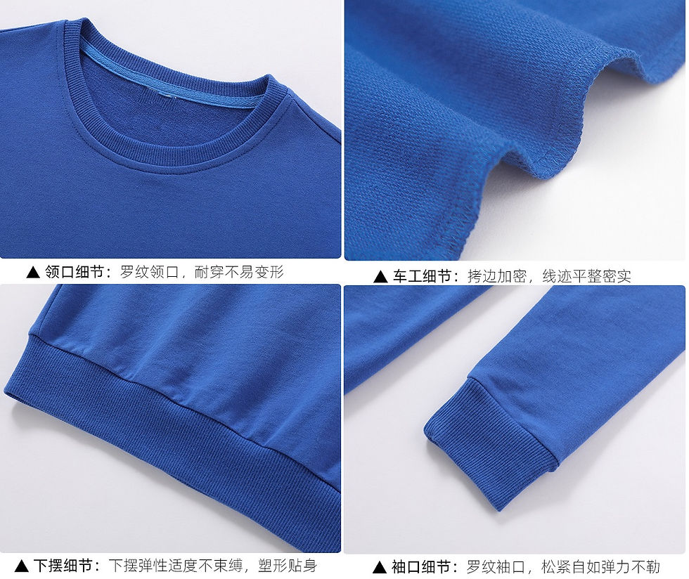 Thumbnail: Details of a woman's blue sweater: collar, hem, cuff