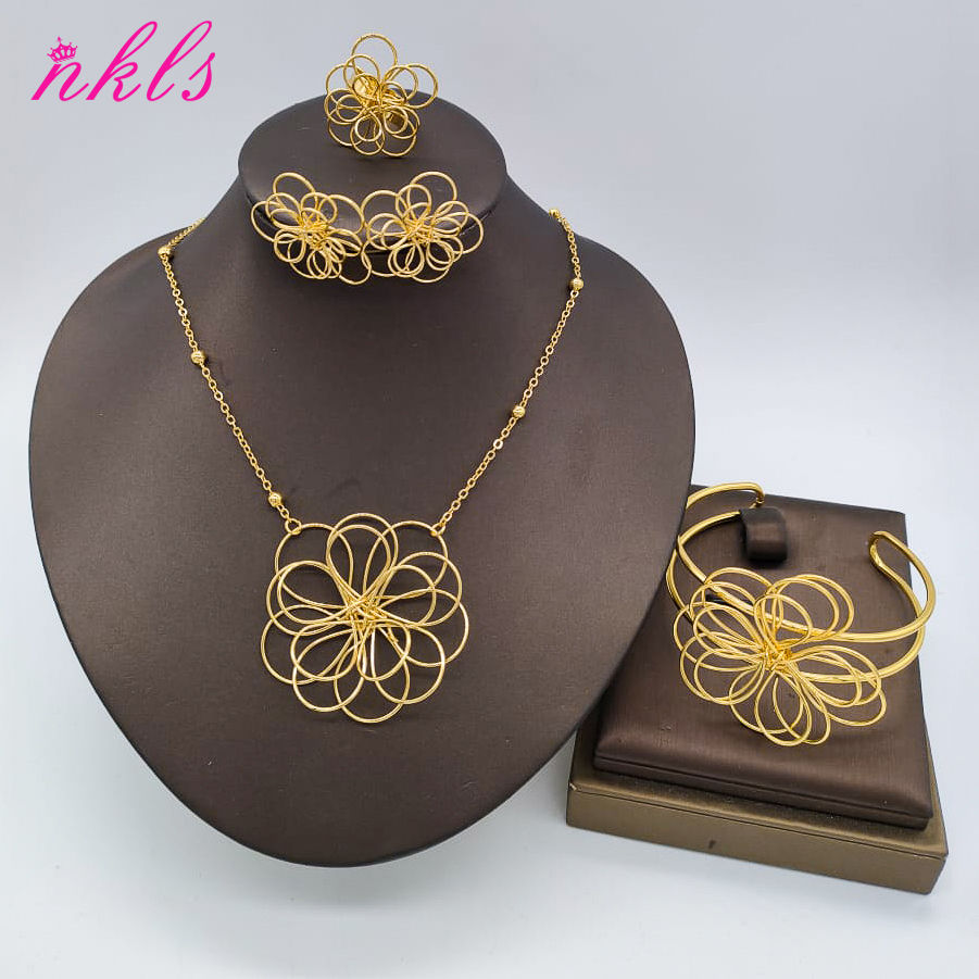 Thumbnail: Gold Plated Flower Jewelry Set Women Gold Color Wedding Luxury Wedding Bangle Ri