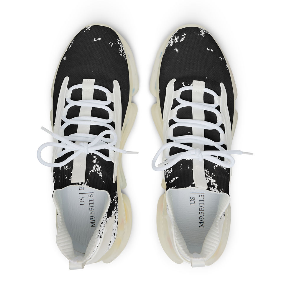 Thumbnail: Black and white splatter pattern sneakers, top view.