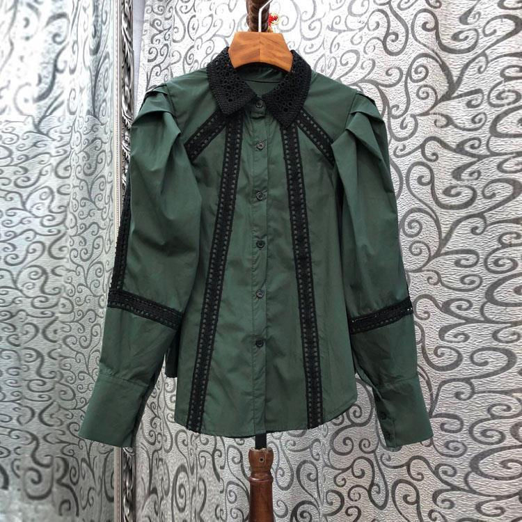 Thumbnail: Neploe Turn Down Collar Lace Hollow Out Lantern Sleeve Blouse Single-breasted De