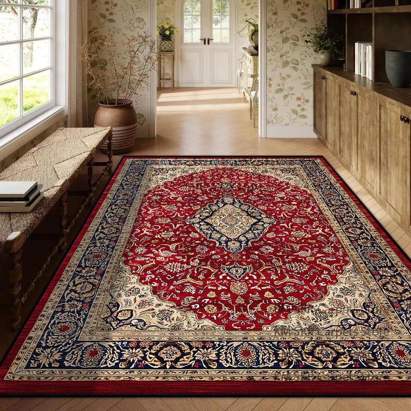 Thumbnail: Ornate red and gold patterned rug in a classic hallway