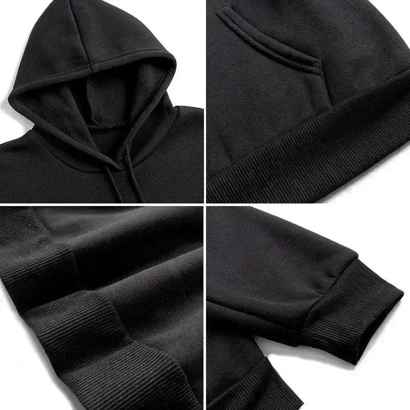 Thumbnail: Details of black hoodie: hood, pocket, ribbed hem, cuff.