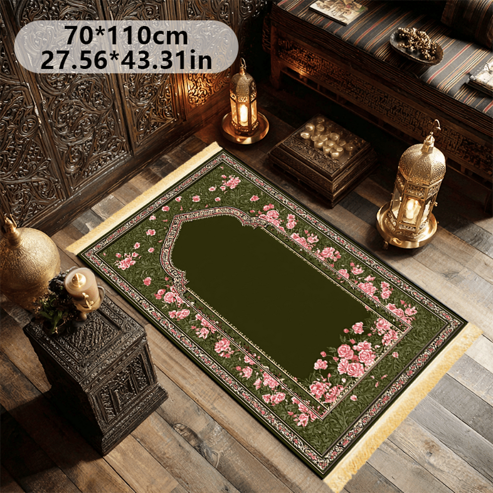 Thumbnail: Green prayer mat with pink floral design, 70x110cm