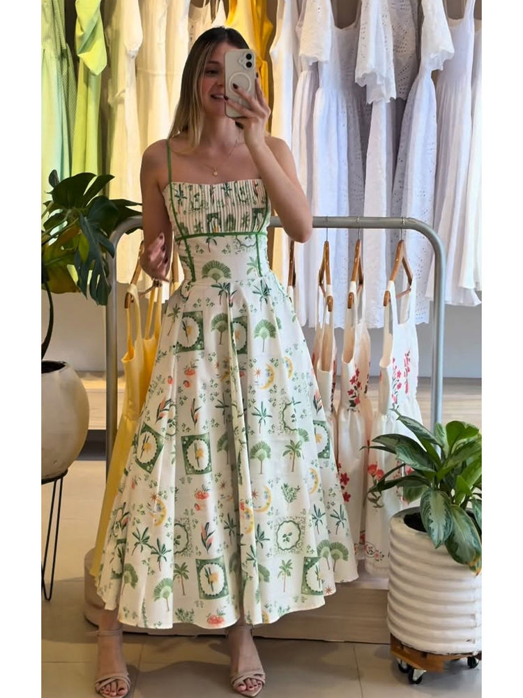 Thumbnail: Elegant Printed Women's Summer Dress Sleeveless Halter Waist-closed A-line Lady 