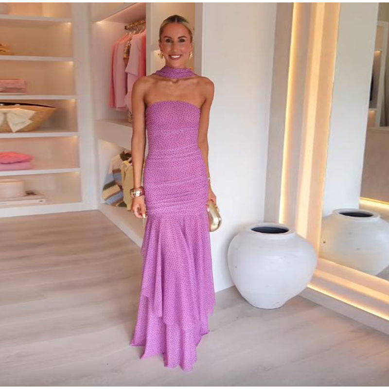 Thumbnail: Chic Dot Printed Pleated Halter Dresses Elegant Beach Backless Vestido 2025 Wome