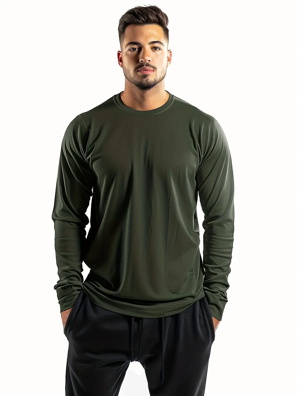 Thumbnail: 5-piece men's solid color round neck long sleeved T-shirt, versatile design, com