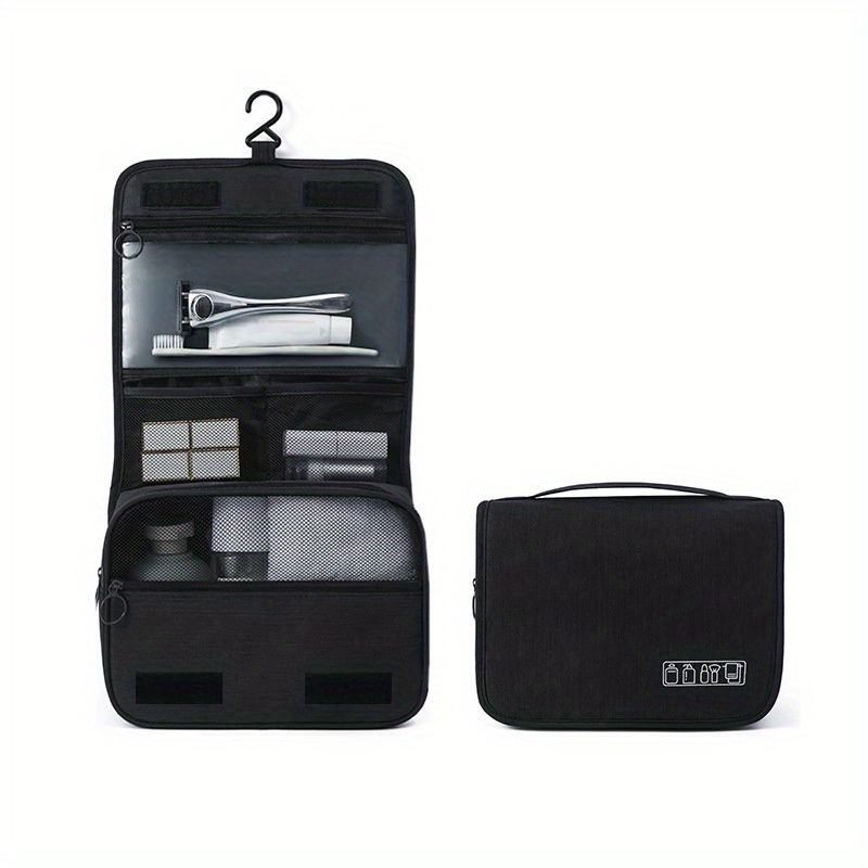 Thumbnail: Black hanging toiletry bag, open with contents, and closed