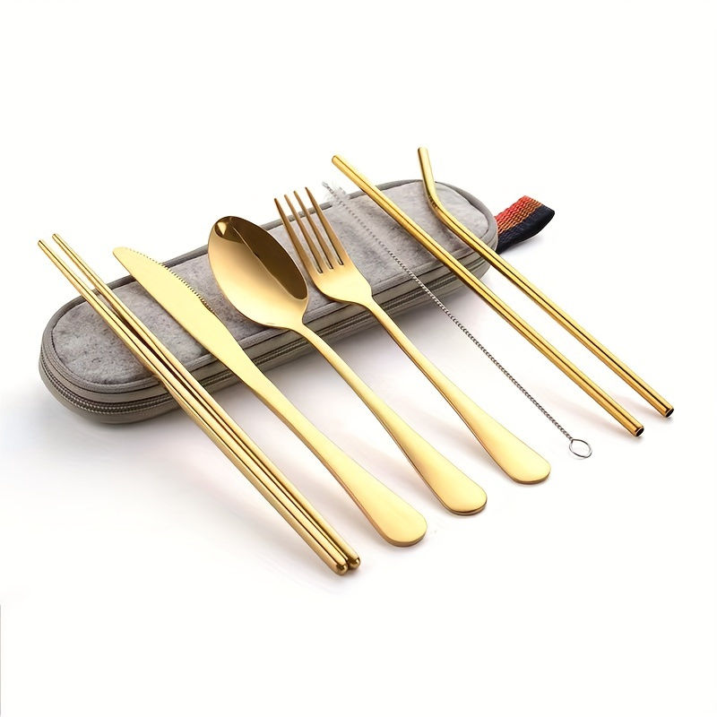 Thumbnail: Gold reusable cutlery set with chopsticks, fork, spoon, knife, straws, and case