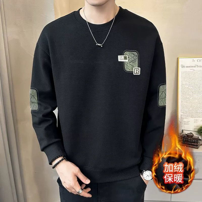 Thumbnail: Black sweatshirt with patches. Text: Plush lining, warmth.