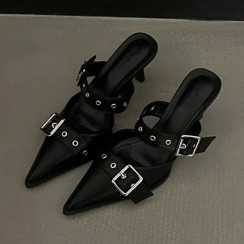Thumbnail: Punk Goth Metal Buckle Sandals Women Summer Pointed Toe High Heels Slippers Woma