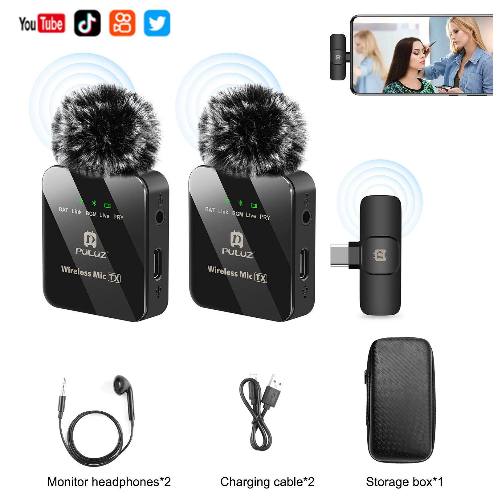 PULUZ Wireless Mic T2 kit with two mics, receiver