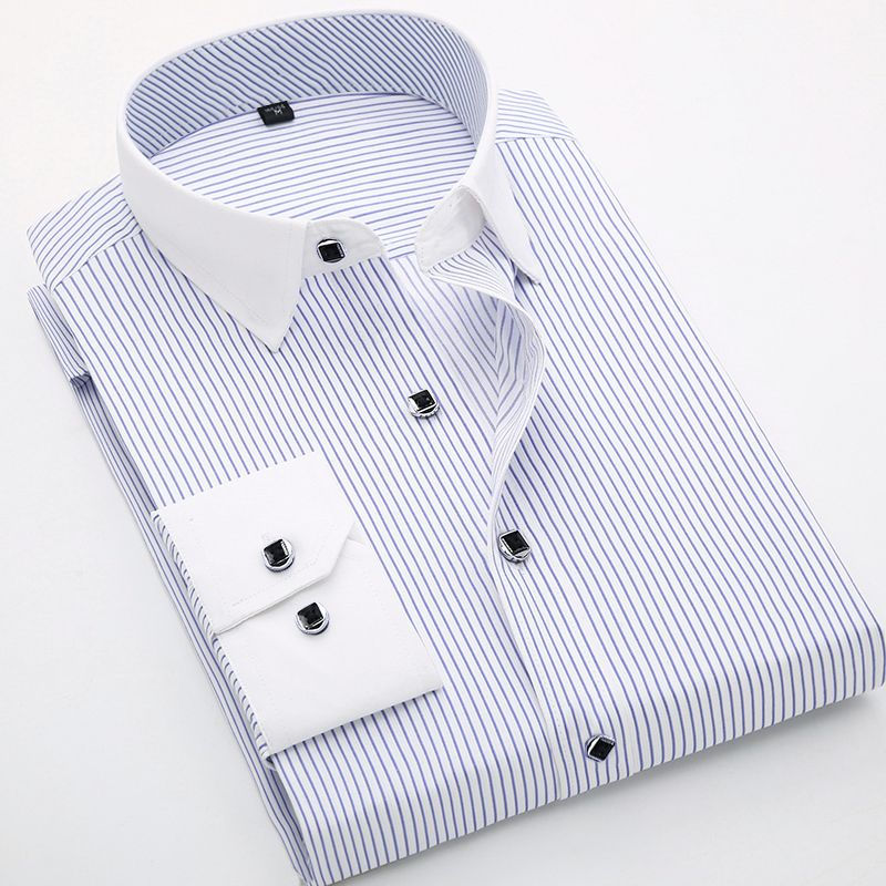 Thumbnail: Folded blue and white striped dress shirt with white collar