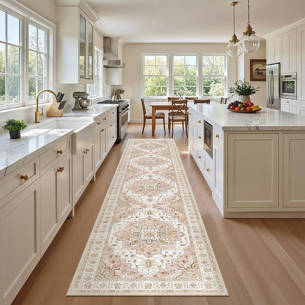 Thumbnail: Modern kitchen with a patterned runner rug on wood floor.