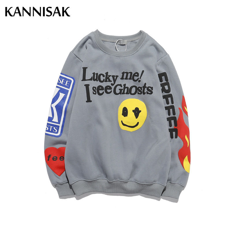 Thumbnail: Grey sweatshirt with 'Lucky Me I See Ghosts' and flame sleeves