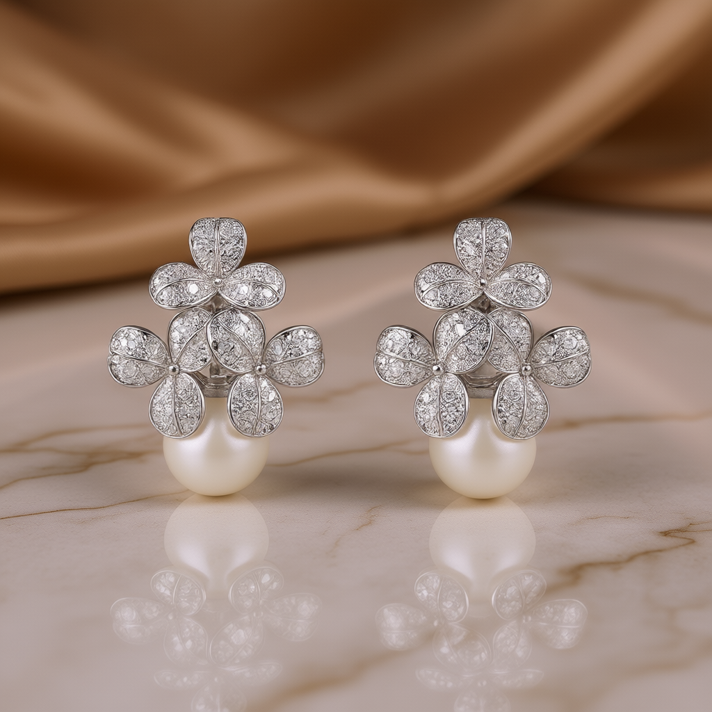 E3552 White Gold Flower Stud Earrings With Diamond Pav And Freshwater Pearl For